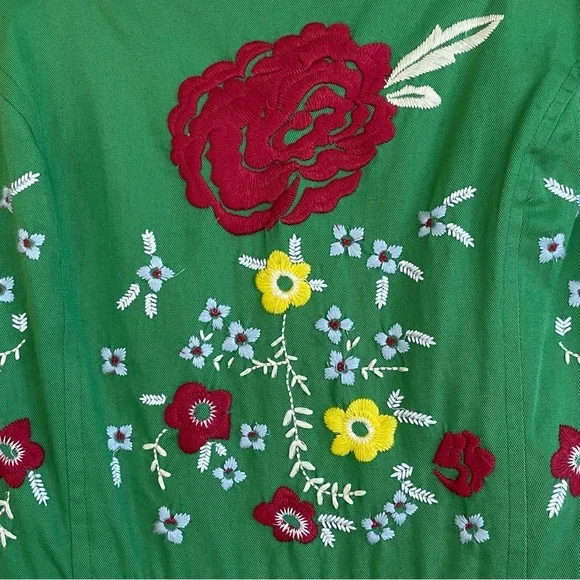 Knitted Dove Green Embroidered Tie Sleeves Fit & Flare Pleated Mini Dress Size L - Picture 6 of 10